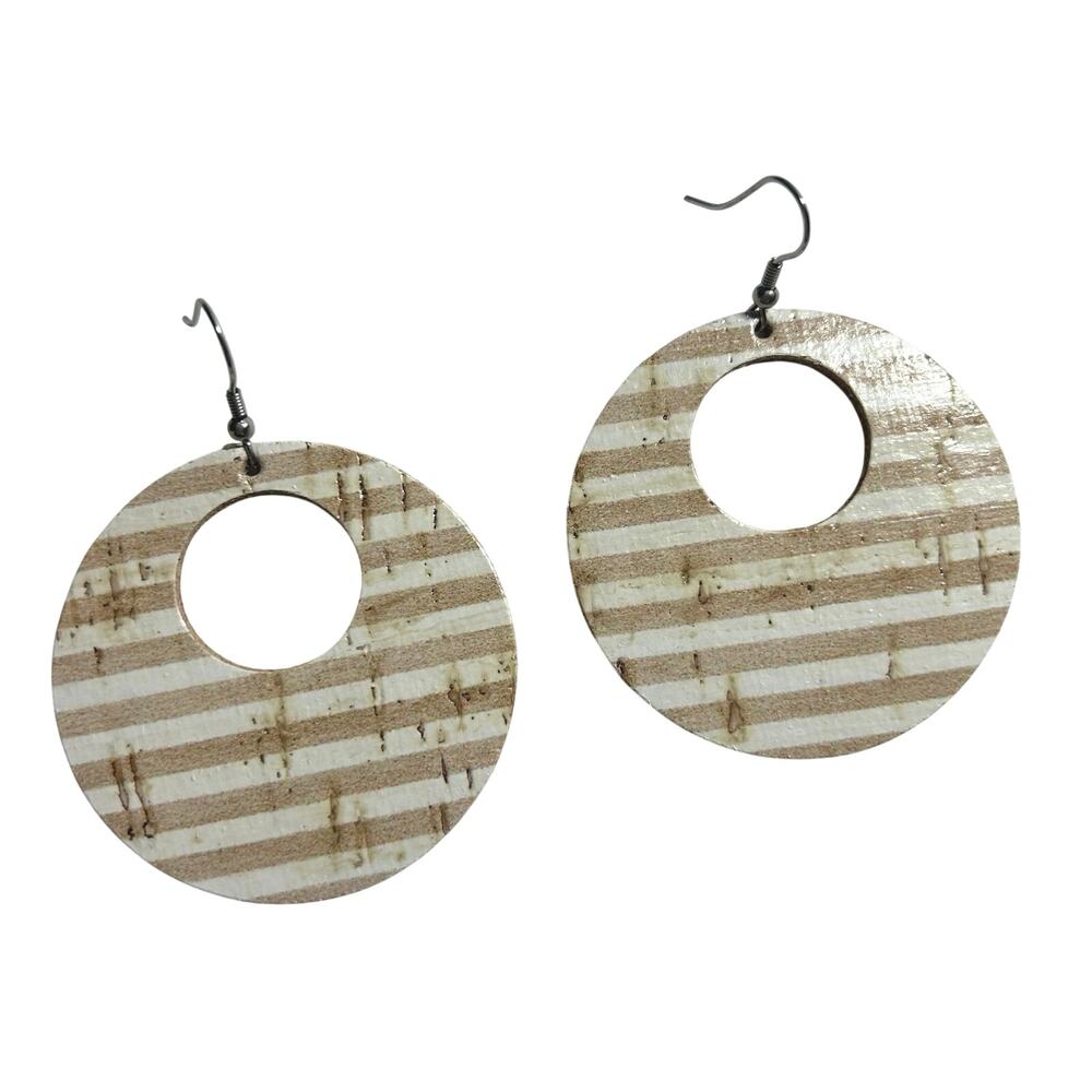 5/$25 Handmade Khaki Striped Round Cutout Cork On Genuine Leather Earrings New